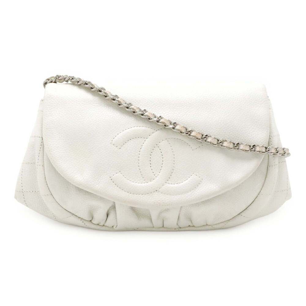 CHANEL White Caviar Leather Logo Shoulder Bag